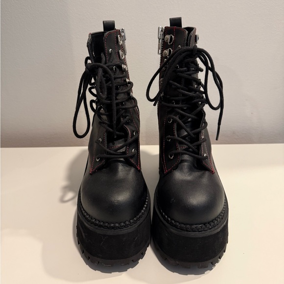 Demonia Black Platform Boots with Red Stitching - Picture 3 of 4